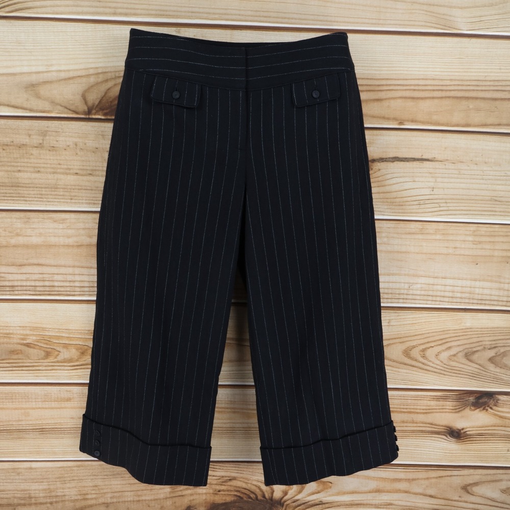 Ann Taylor Capri Pants Womens 6 Black Striped Wool Blend Cuffed Mid Rise Lined